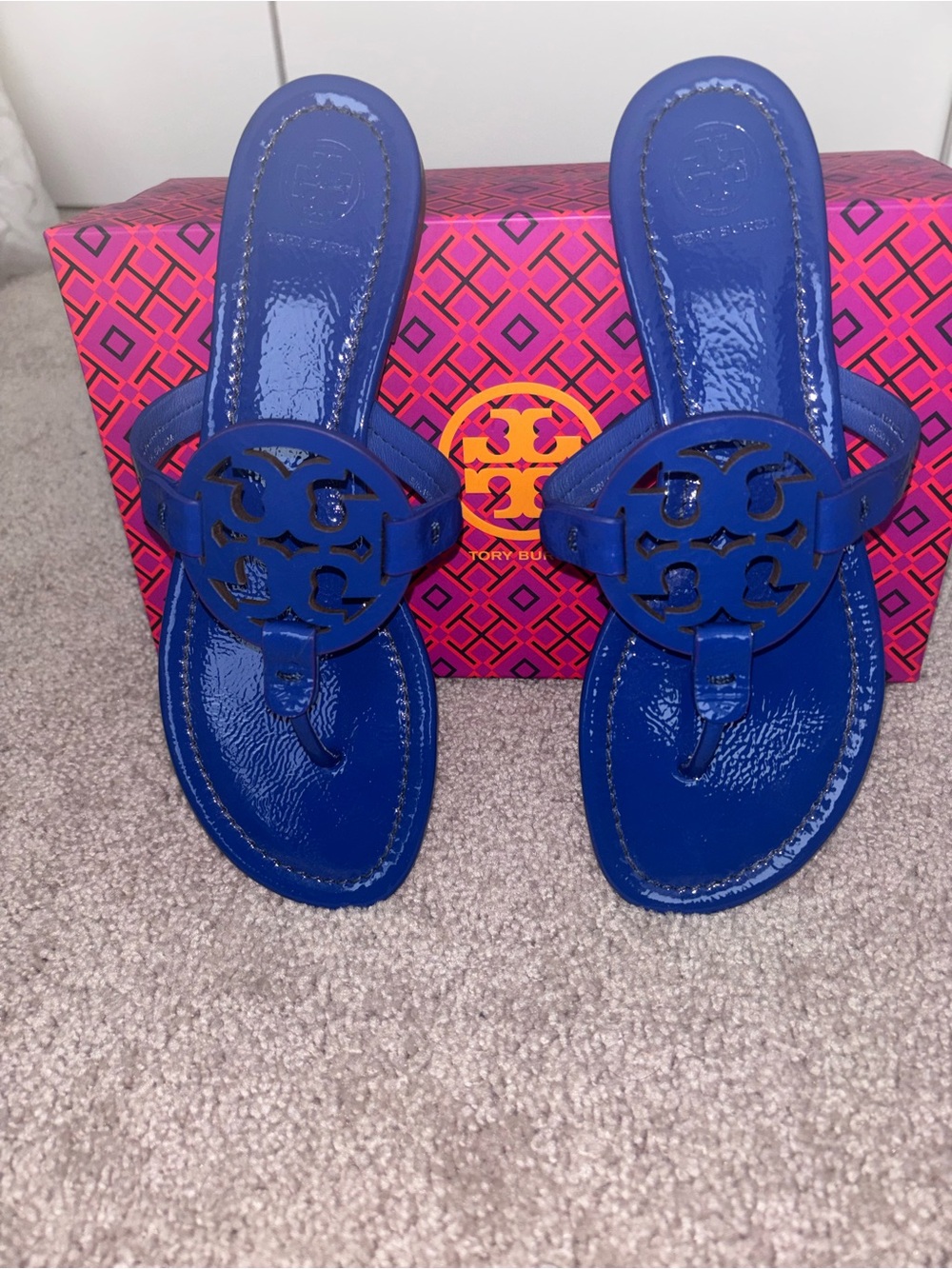 Tory Burch Royal Blue Patent Miller Thong Sandals